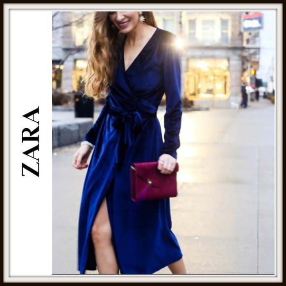 Zara Dresses & Skirts - Zara Blue V-Neck Wrap Tie Waist Velvet Dress